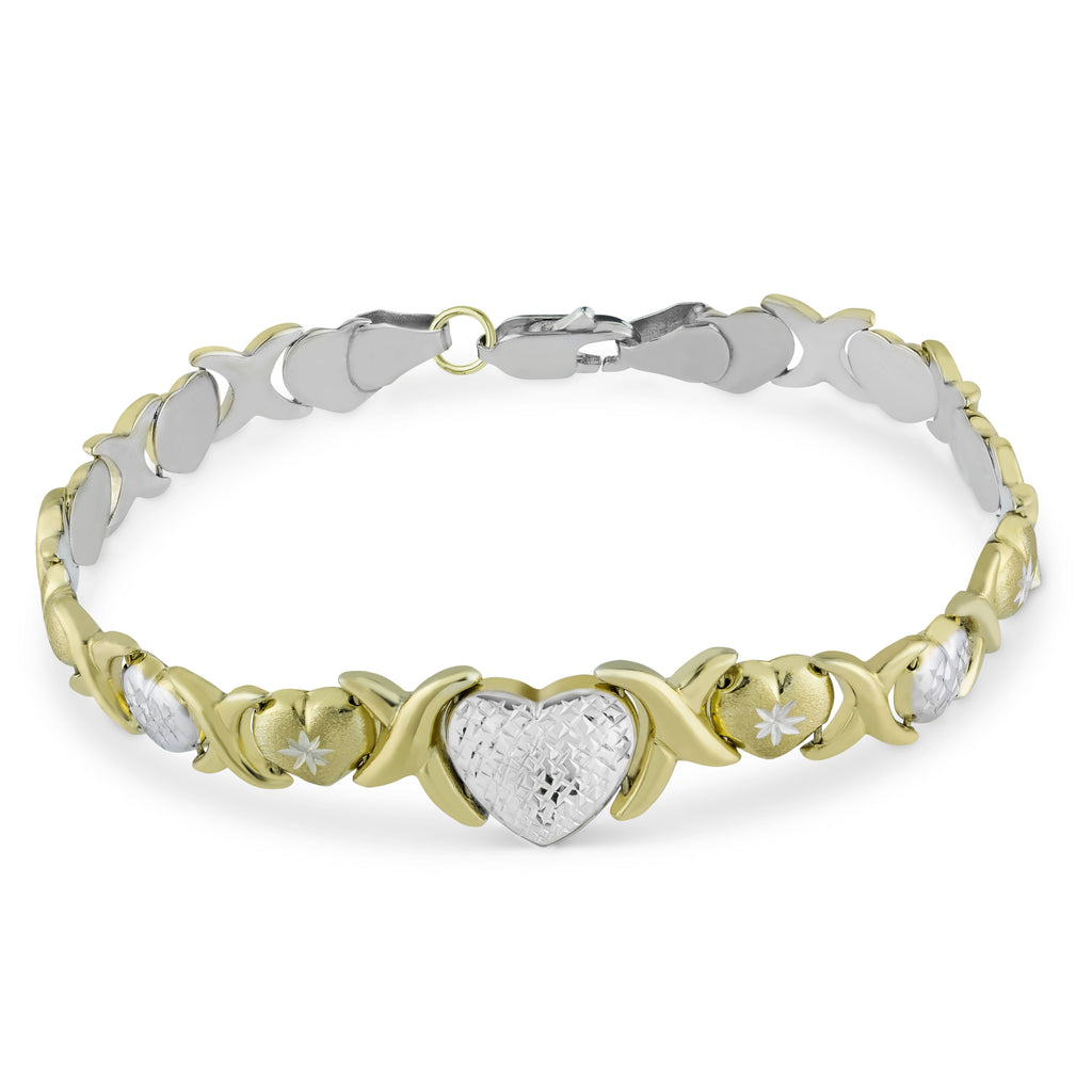 7.50" Heart Diamond Cut Hearts and Kisses Bracelet Stampato Bonded 1/10th 10k Yellow Gold - karratluxe