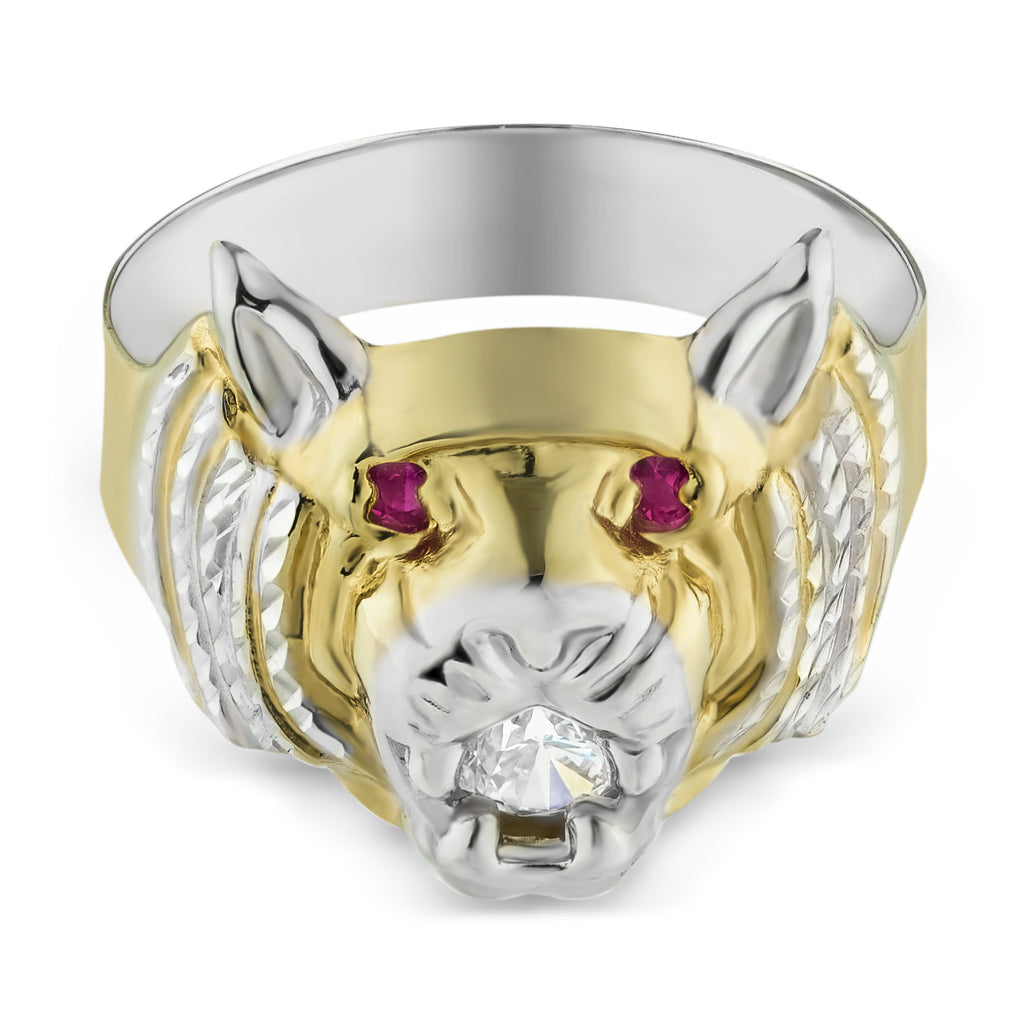 Medium Lion Head Ring Diamond Cut CZ Ring Bonded 1/10th 10k Yellow Gold Size 11 - karratluxe