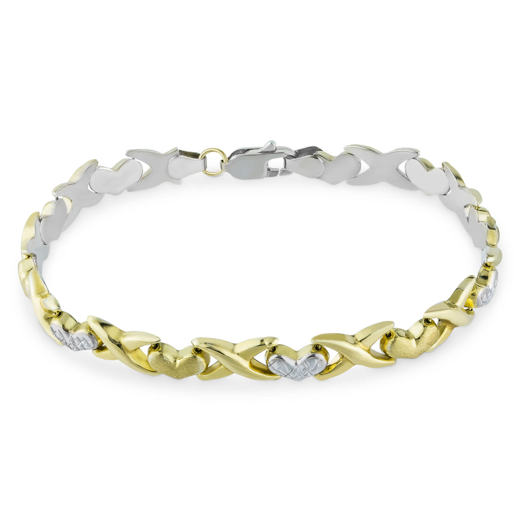 6.5mm Diamond Cut Hearts and Kisses Stampato Bracelet Bonded 1/10th 10k Yellow Gold XOXO 7.5" - karratluxe