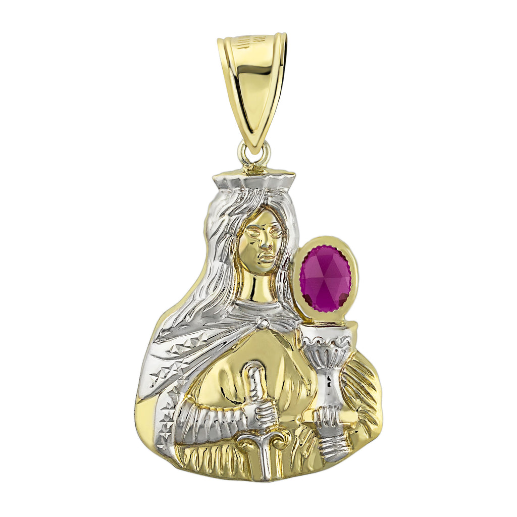 1 1/2" Saint Barbara Ruby CZ Pendant Charm Bonded 1/10th 10k Yellow Gold  - karratluxe