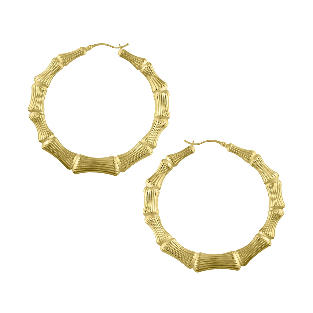 2 3/4" Graduated Diamond Cut Bamboo Hoop Earrings Bonded 1/10th 10k Yellow Gold - karratluxe