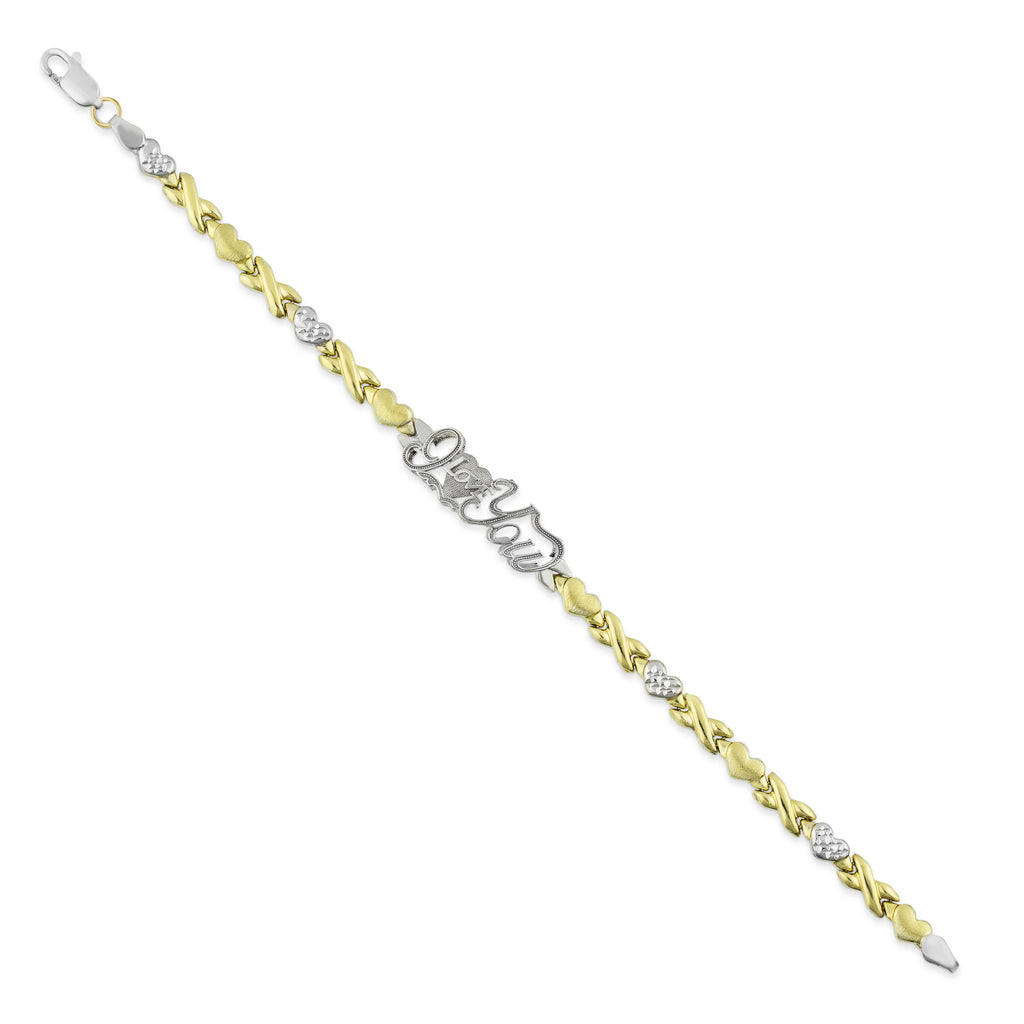 7.50" Diamond Cut LOVE Hearts and Kisses Stampato Bracelet Bonded 1/10th 10k Yellow Gold - karratluxe