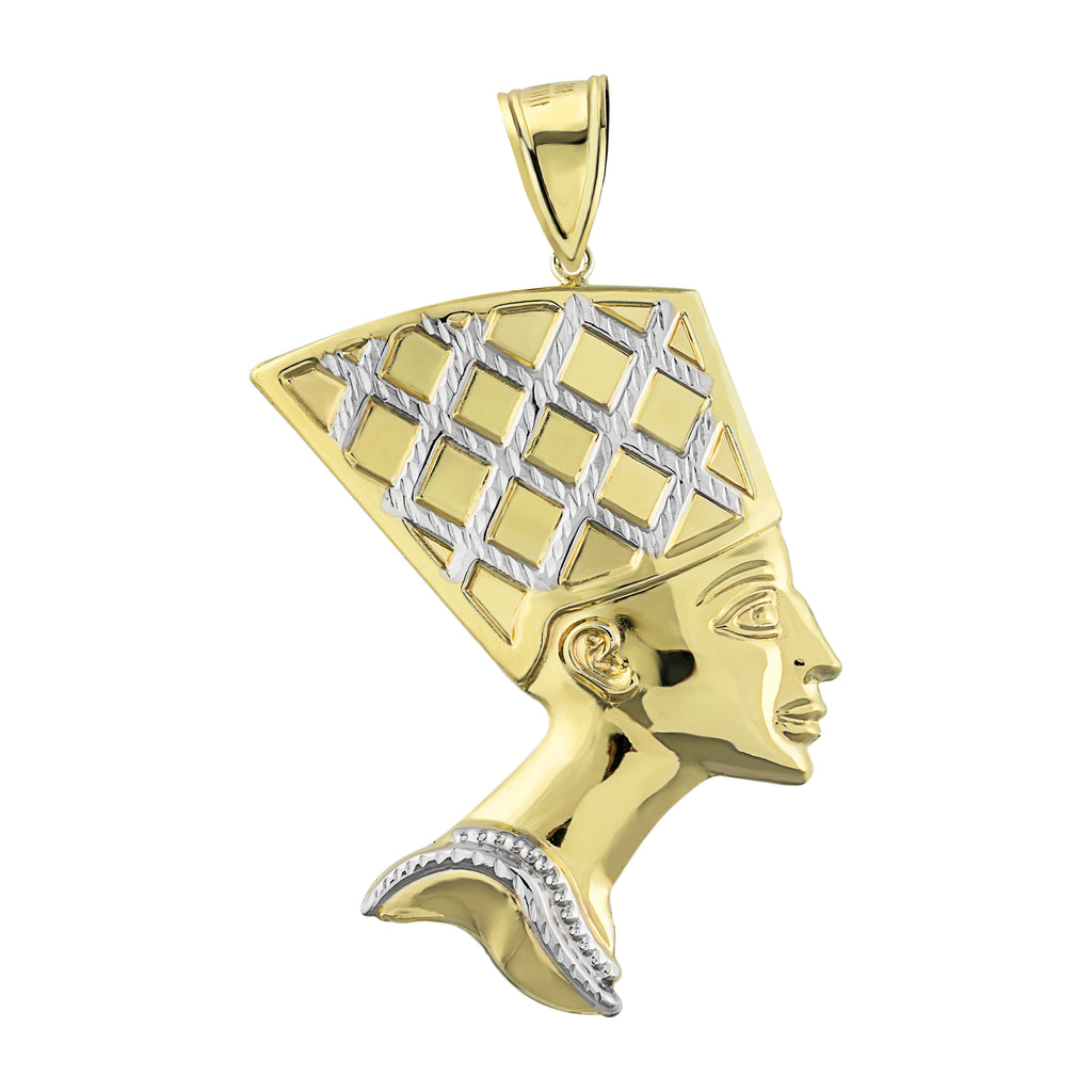 3" Egyptian Queen Nefertiti Head Diamond Cut Pendant Bonded 1/10th 10k Yellow Gold  - karratluxe