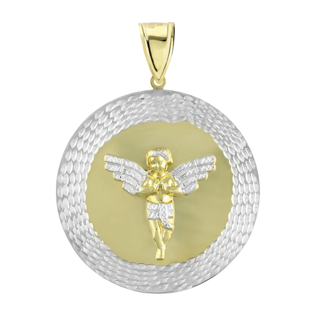 3" Huge Two Tone Baby Angel Medallion Pendant Charm Bonded 1/10th 10k Yellow White Gold  - karratluxe