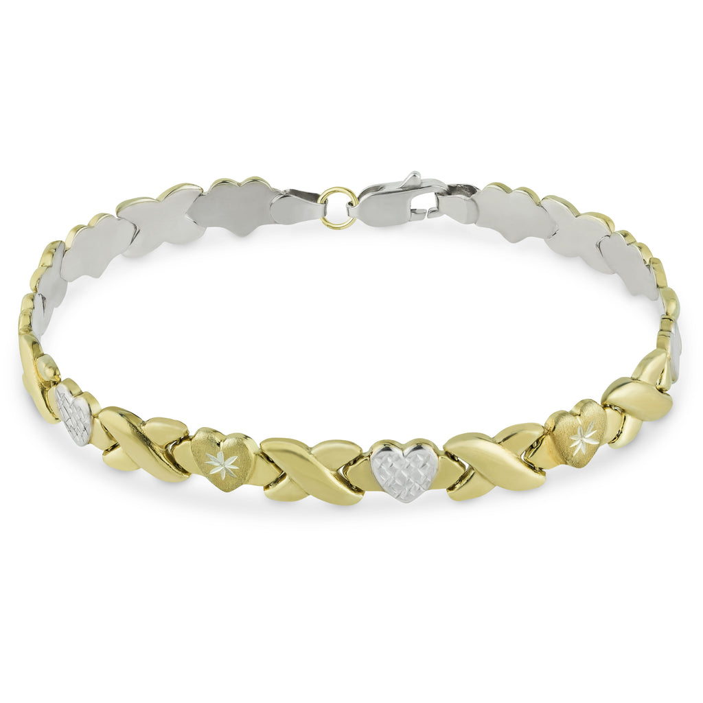 7 3/4" Diamond Cut Hearts and Kisses Bracelet Bonded 1/10th 10k Yellow Gold XOXO - karratluxe