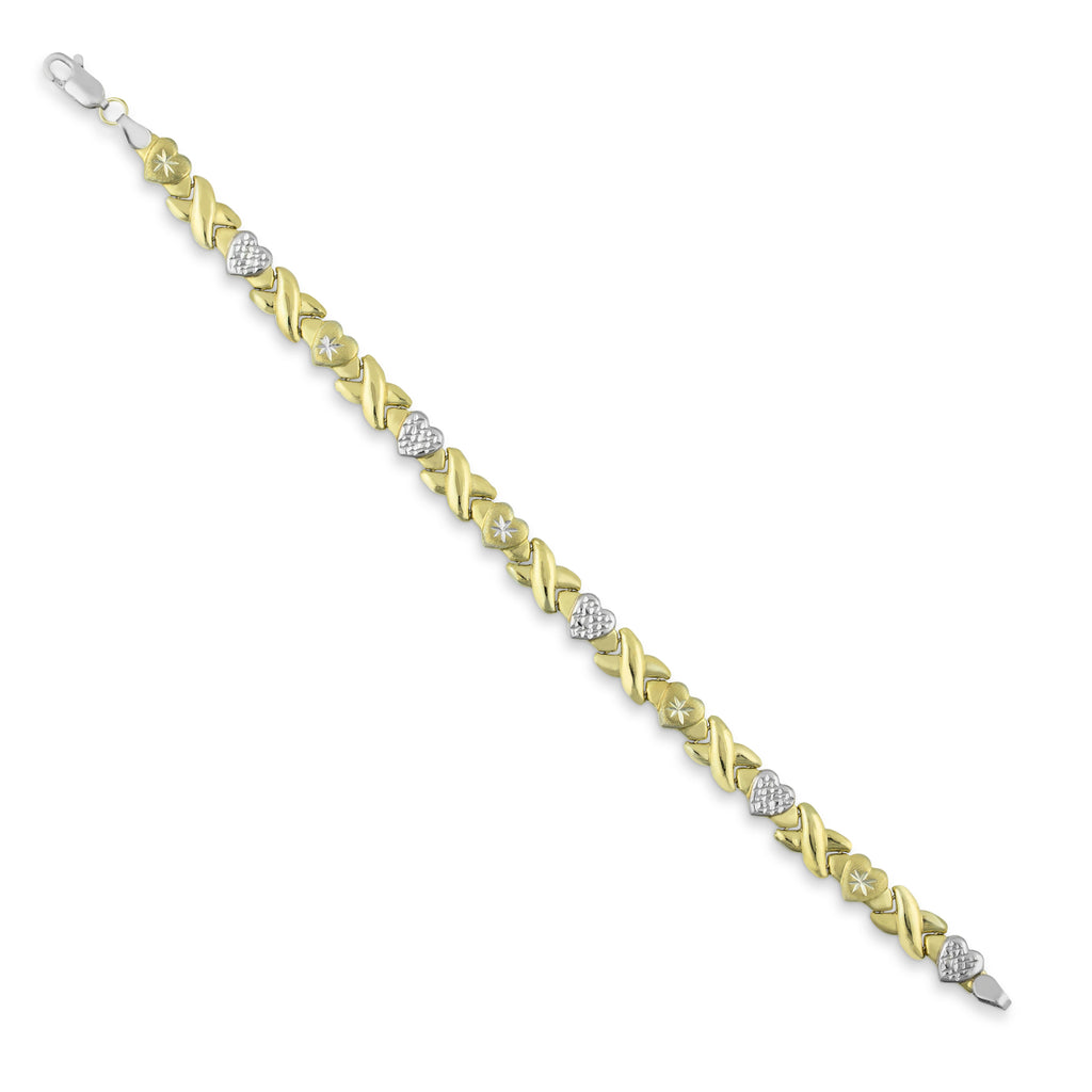 7 3/4" Diamond Cut Hearts and Kisses Bracelet Bonded 1/10th 10k Yellow Gold XOXO - karratluxe