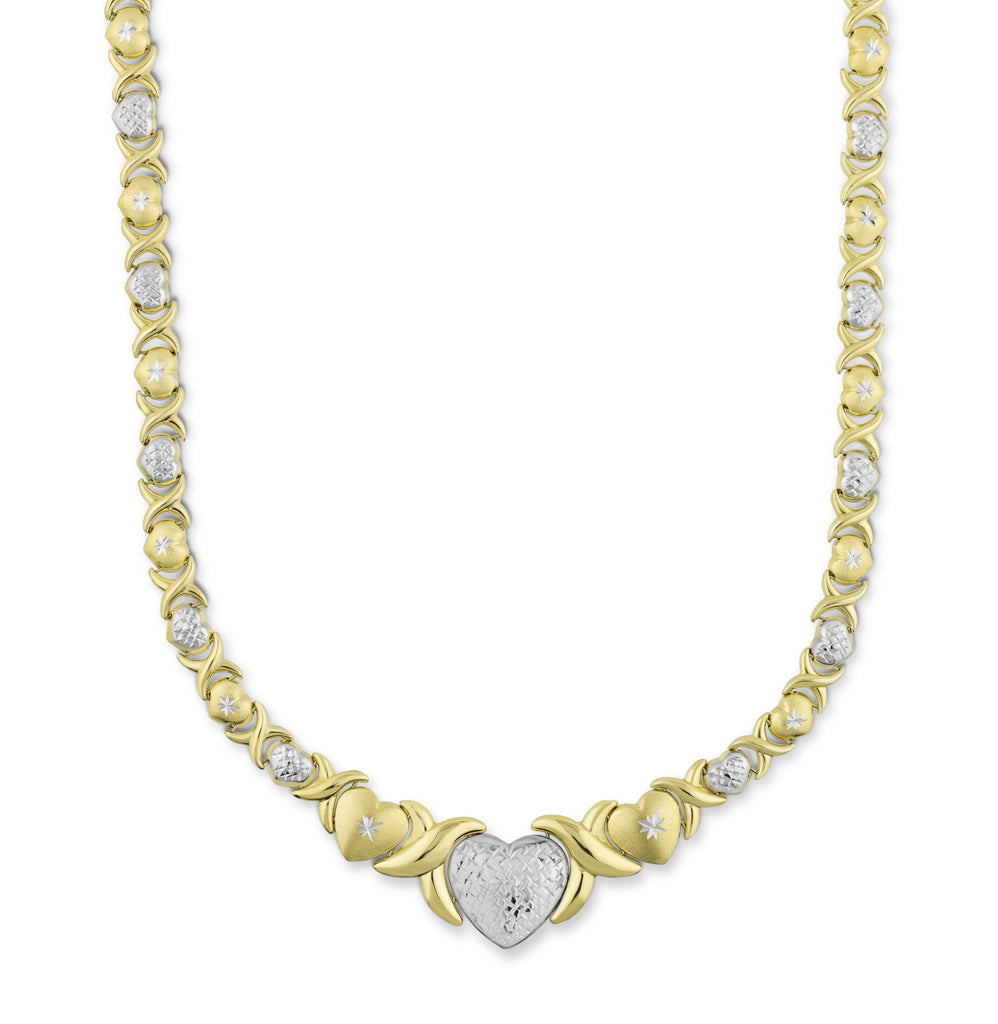 18" Graduated Big Heart Diamond Cut Hearts and Kisses Necklace Stampato Bonded 1/10th 10k Yellow Gold - karratluxe