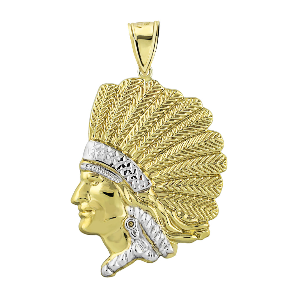 Infantry Native American Indian Chief Head Pendant Bonded 1/10th 10k Yellow White Gold  - karratluxe