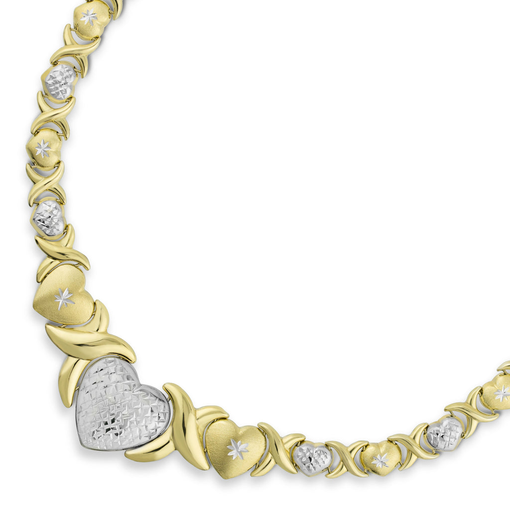 18" Graduated Big Heart Diamond Cut Hearts and Kisses Necklace Stampato Bonded 1/10th 10k Yellow Gold - karratluxe