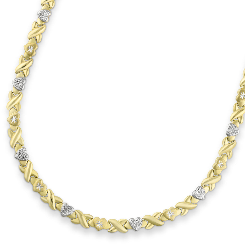 18" Diamond Cut Hearts and Kisses Necklace Bonded 1/10th 10k Yellow Gold XOXO - karratluxe