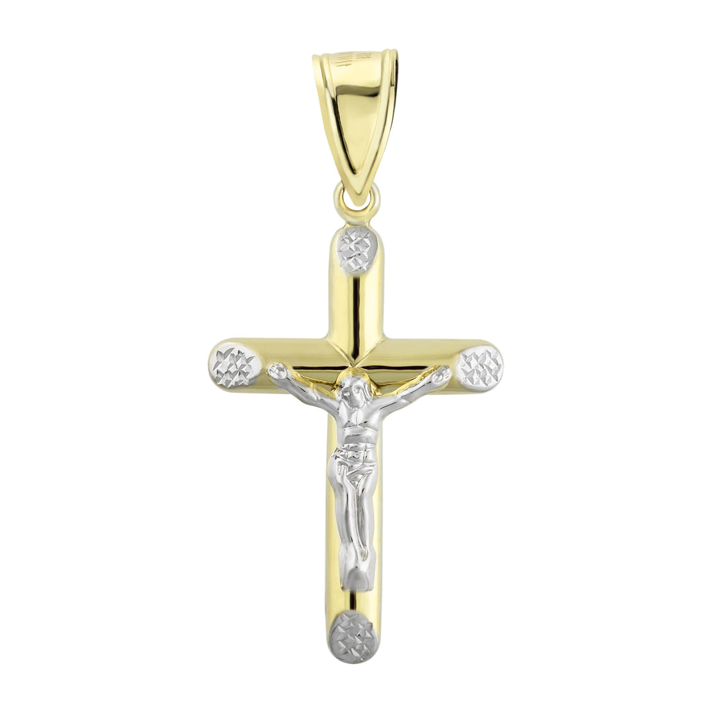 1 1/2" Diamond Cut Jesus Crucifix Cross Charm Pendant Bonded 1/10th 10k Yellow White Gold  - karratluxe