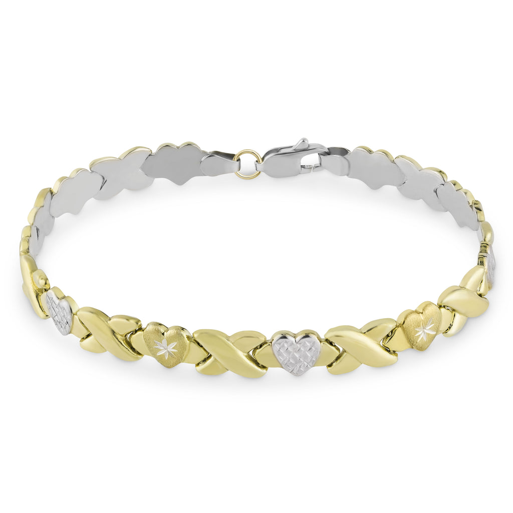 6.5mm Diamond Cut Hearts and Kisses Bracelet Bonded 1/10th 10k Yellow Gold XOXO 7.5" - karratluxe