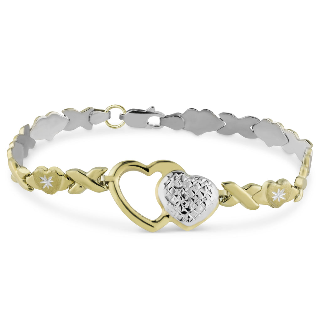 7.5" Diamond Cut Hearts and Kisses Stampato Bracelet Bonded 1/10th 10k Yellow Gold - karratluxe